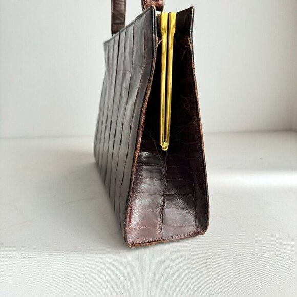 Vintage 50s 60s Crock Skin Brown medium Top Handle Bag - Picture 5 of 16